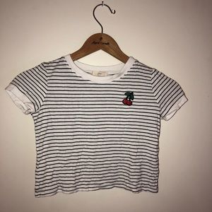 Black and white striped crop top with cherry patch